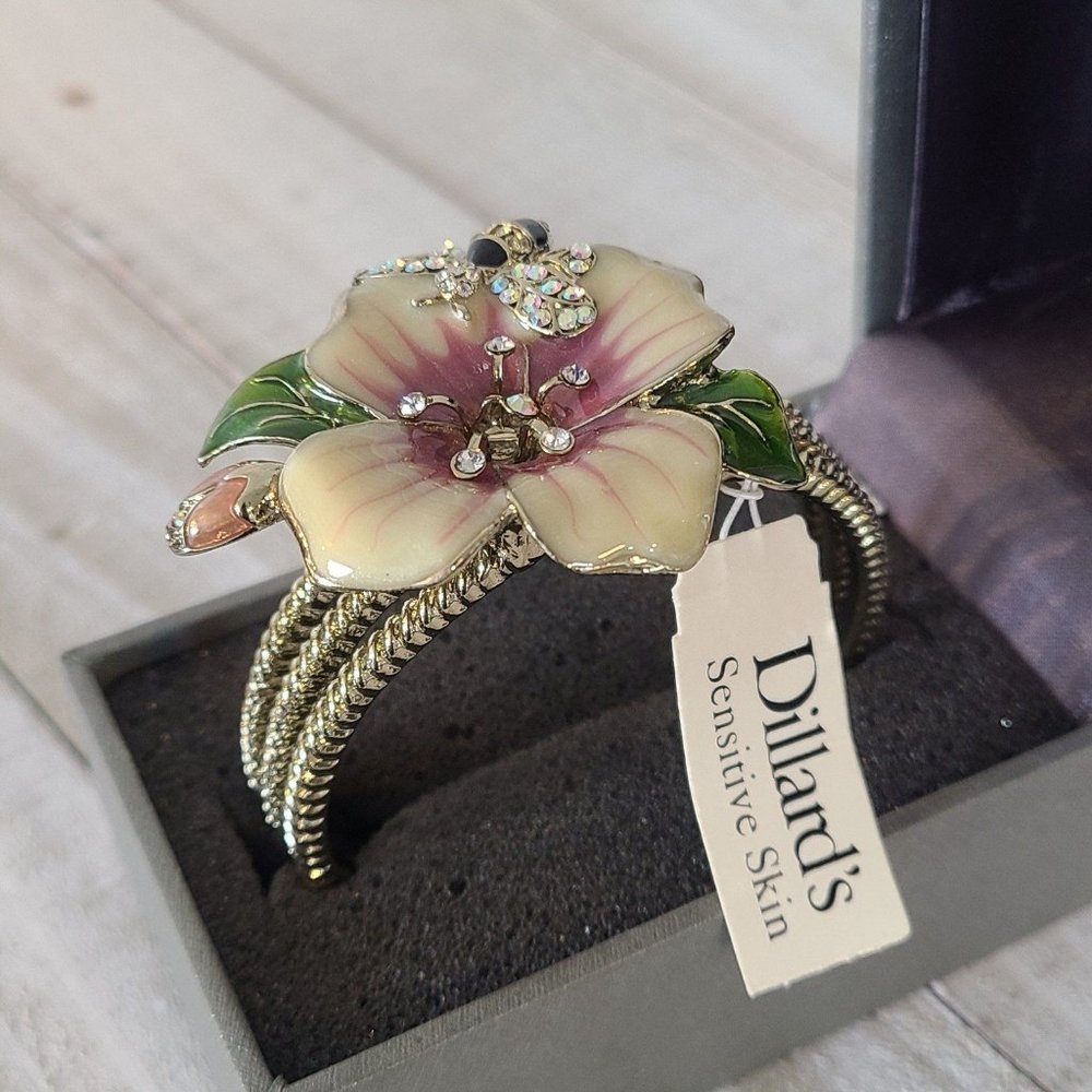 Dillards Floral Bumblebee Enamel Rhinestone Bracelet Flower NWT Sensitive Skin